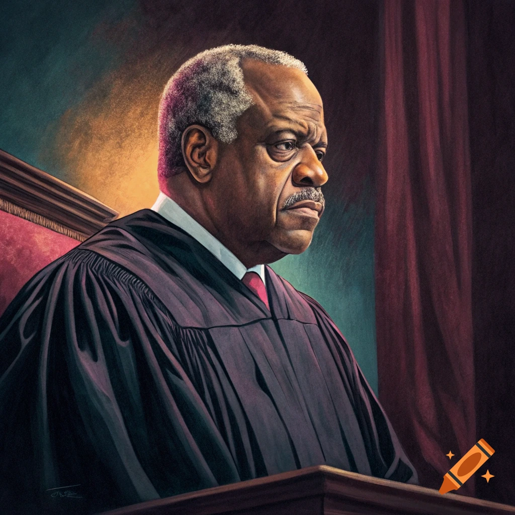 Portrait painting of a judge in a black robe, in the style of a velvet painting.