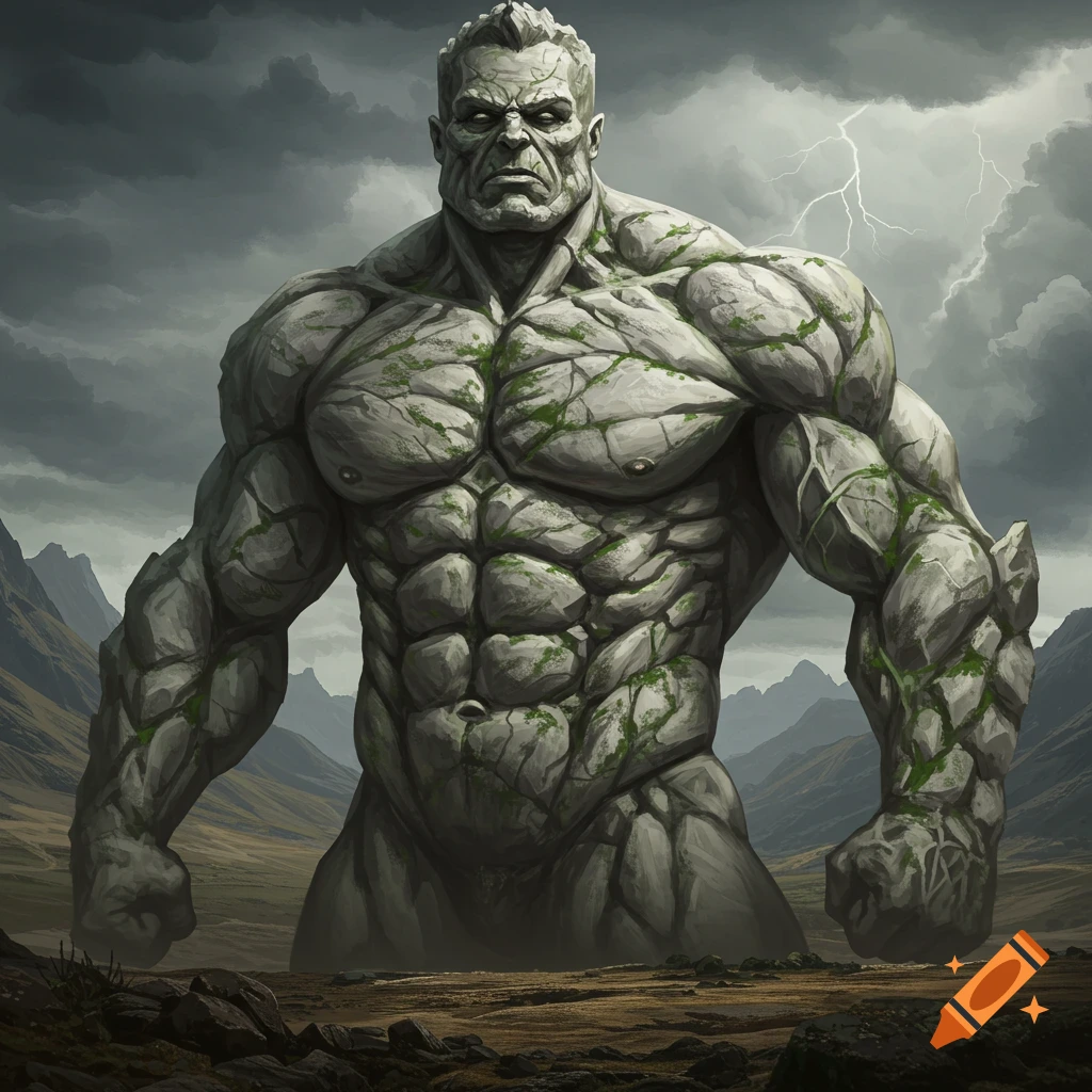 A massive stone giant with rock abs stands in a stormy mountain landscape.