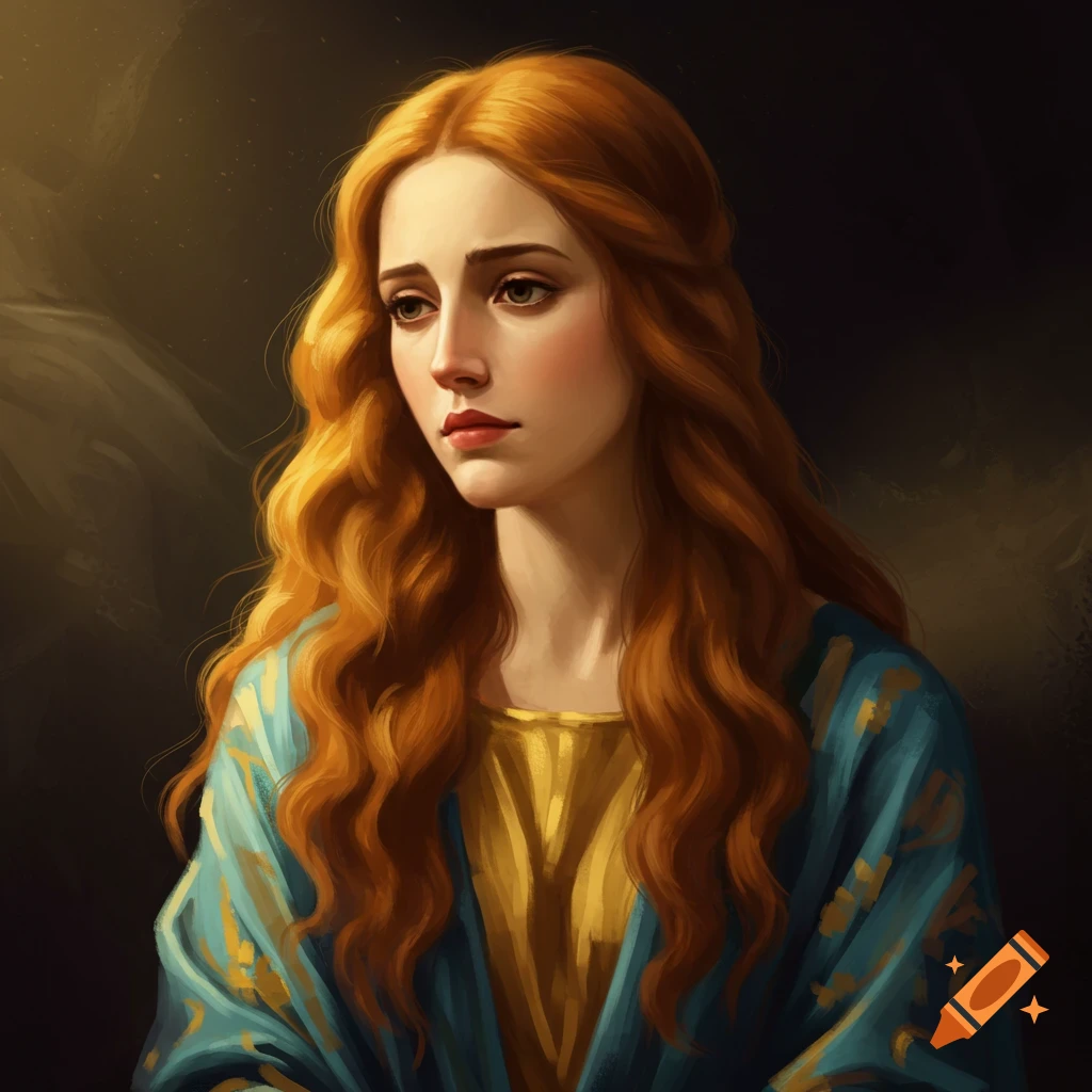 A woman with long red hair in a blue and gold garment