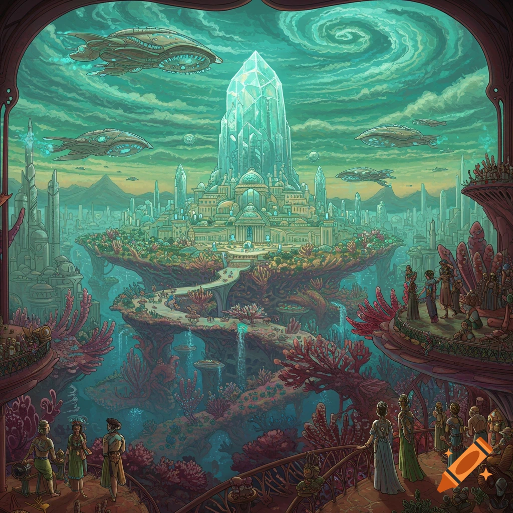 A vibrant fantasy city featuring a towering crystal structure, with inhabitants on balconies and airships traversing the sky.