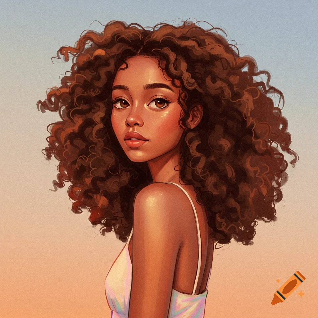 A young woman with curly brown hair looking over her shoulder.