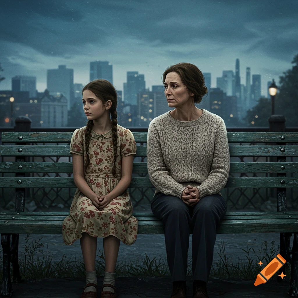 Girl and woman sitting on a park bench looking at a city skyline.