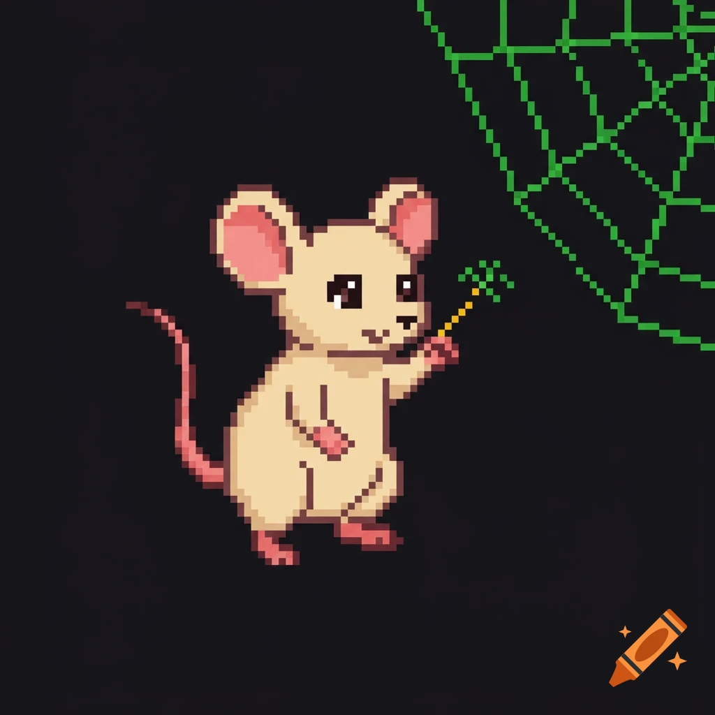 Pixel art mouse pointing at a spider web