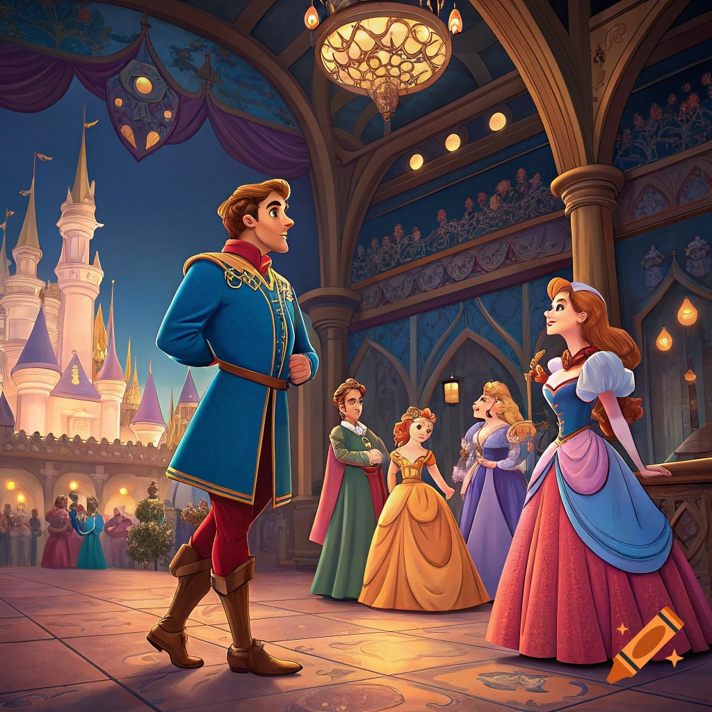 Prince and princess dancing in a grand ballroom with a castle backdrop