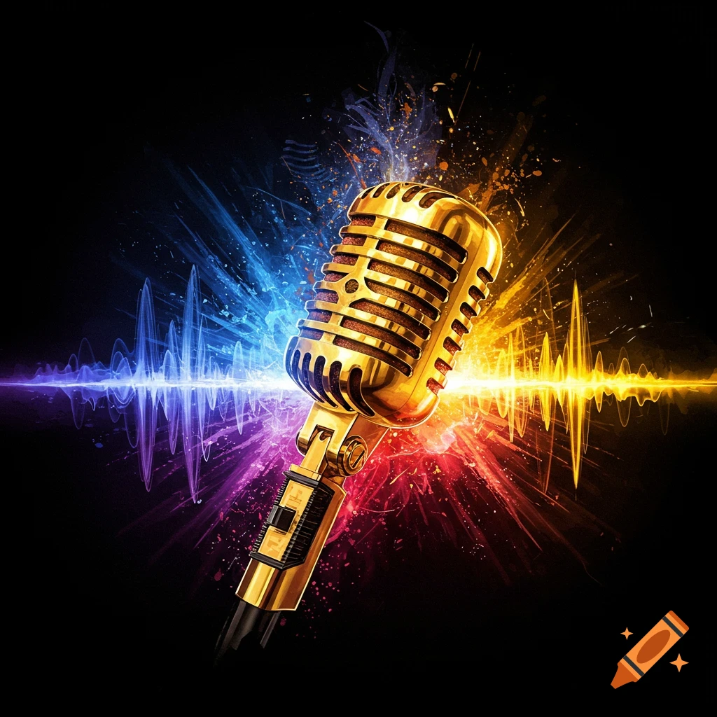 Golden microphone with colorful sound waves and paint splashes on black.