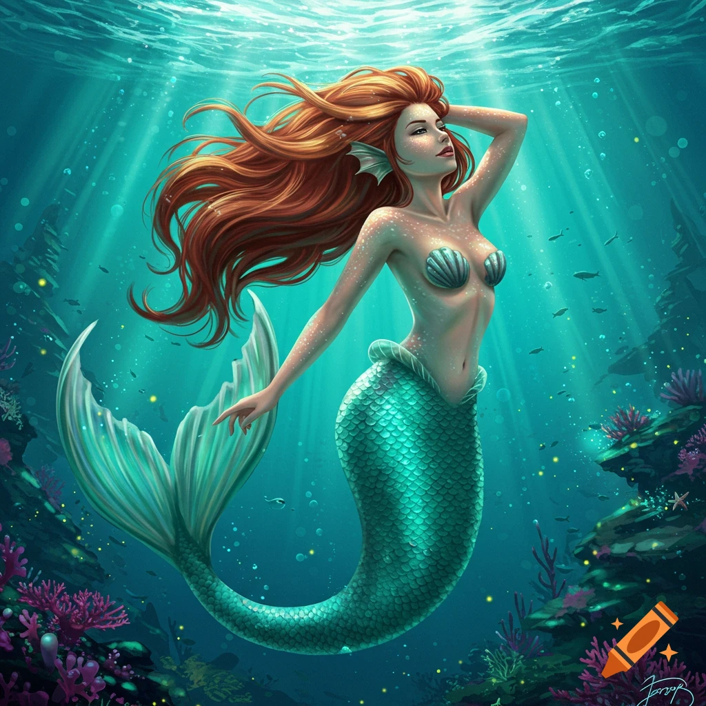 A mermaid with red hair and a green tail swimming underwater