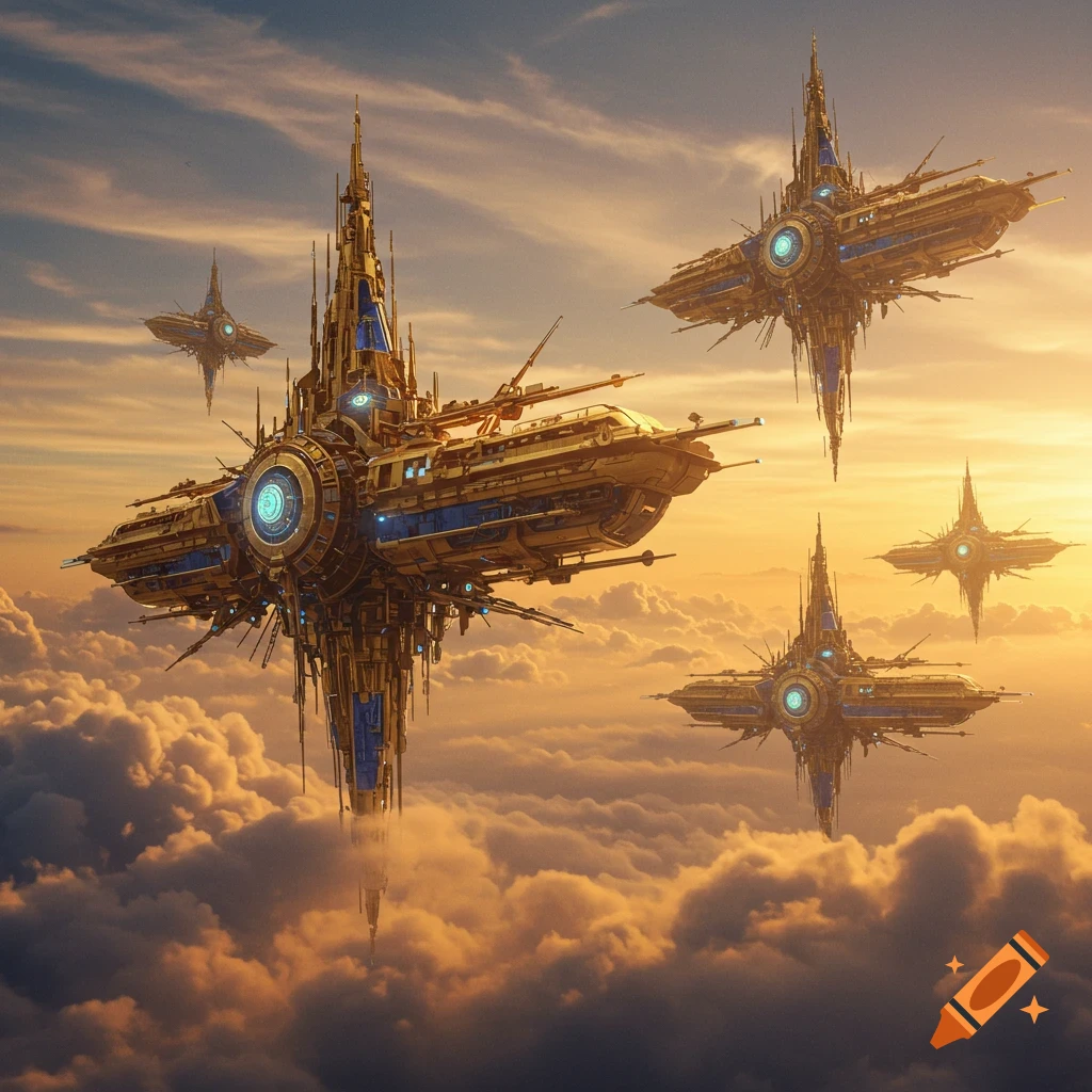 Several large, ornate futuristic machines float above clouds at sunset, in a sci-fi or fantasy art style.