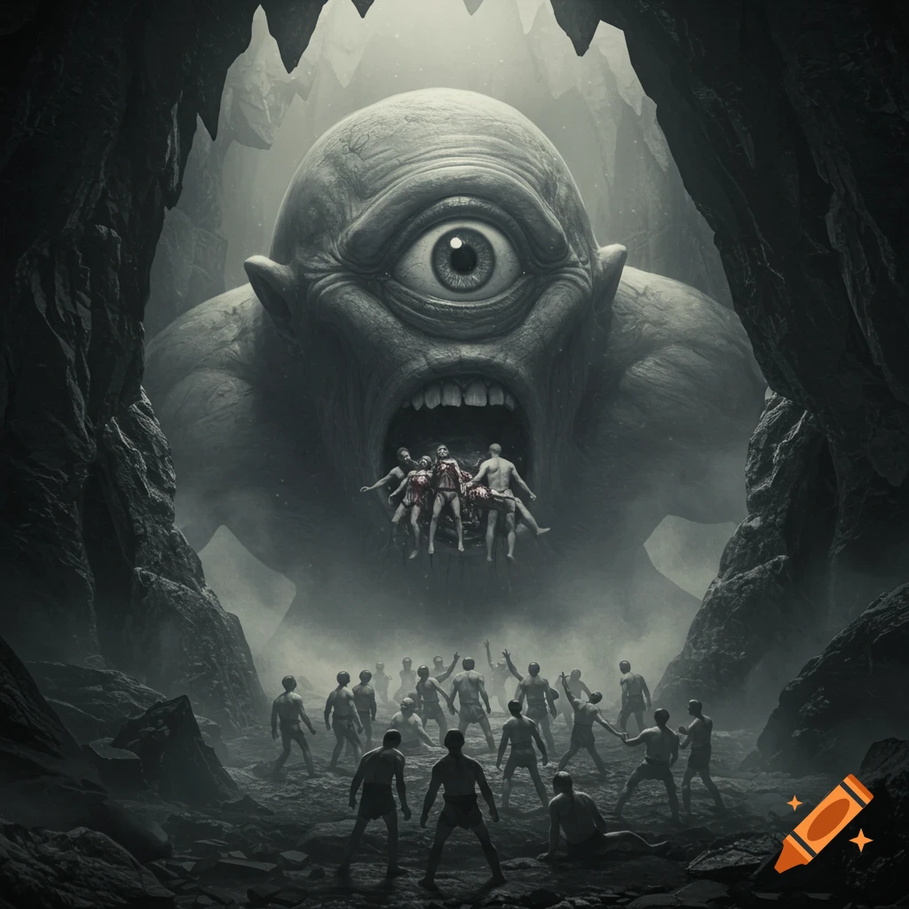 A giant cyclops in a dark cave eats human figures as a group of people watch below.