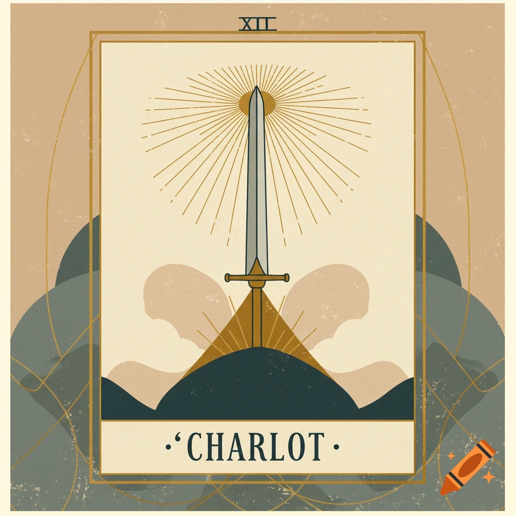 Vintage style tarot card illustration with a sword, sunburst, mountains, and text XII CHARLOT