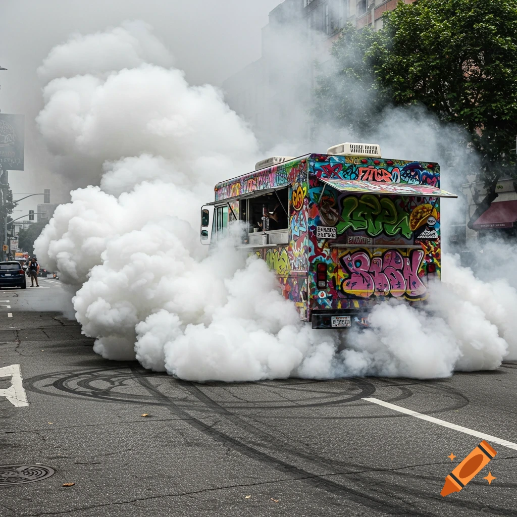 Graffiti-covered food truck doing a burnout on a city street, engulfed in smoke.