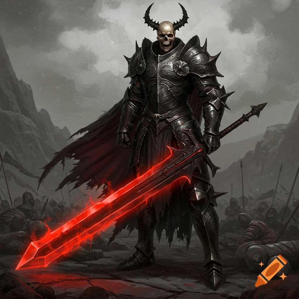 A skeleton warrior in dark armor holds a large red sword on a battlefield.