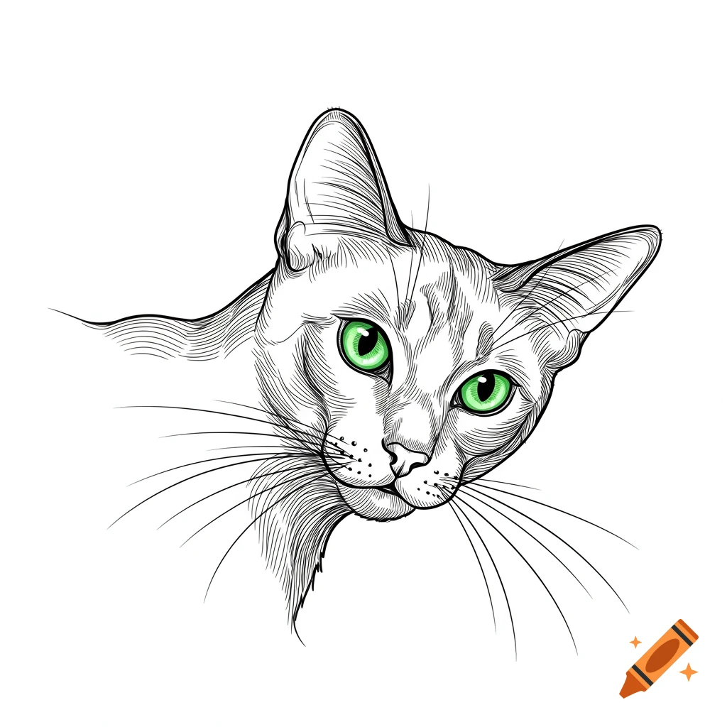 A black and white line drawing of a cat's head with bright green eyes.