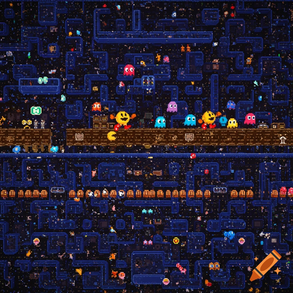 Pixel art maze with Pac-Man and ghosts
