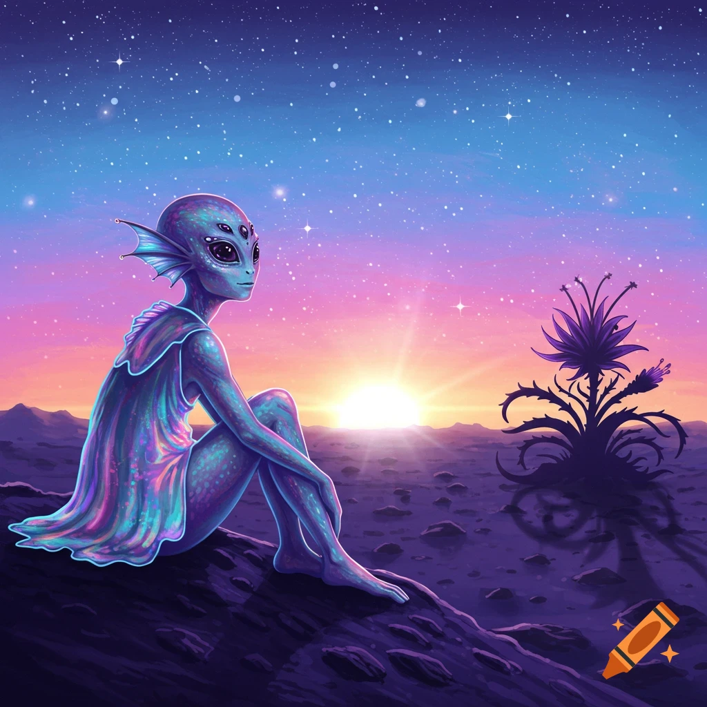 An alien sitting on a moon watching a sunrise over an alien plant.