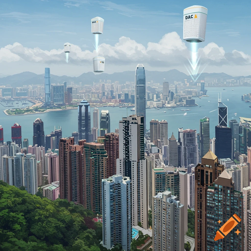 A futuristic Hong Kong city skyline with large air filters floating above