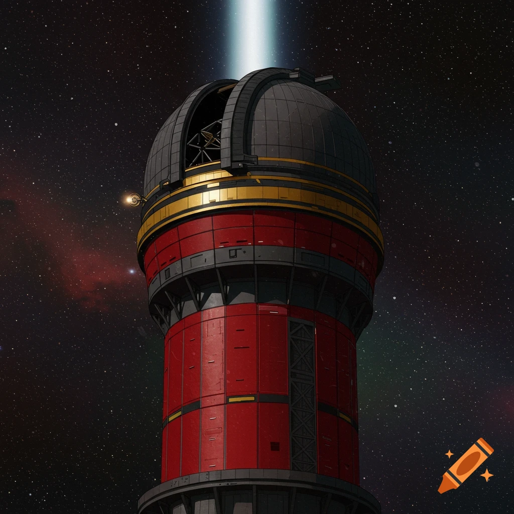 A red and black futuristic observatory tower in space.
