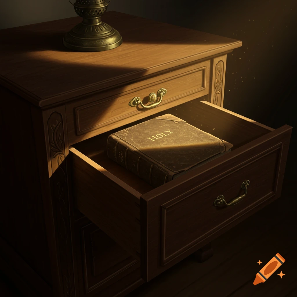 An open nightstand drawer with a holy book inside. A lamp is on top.