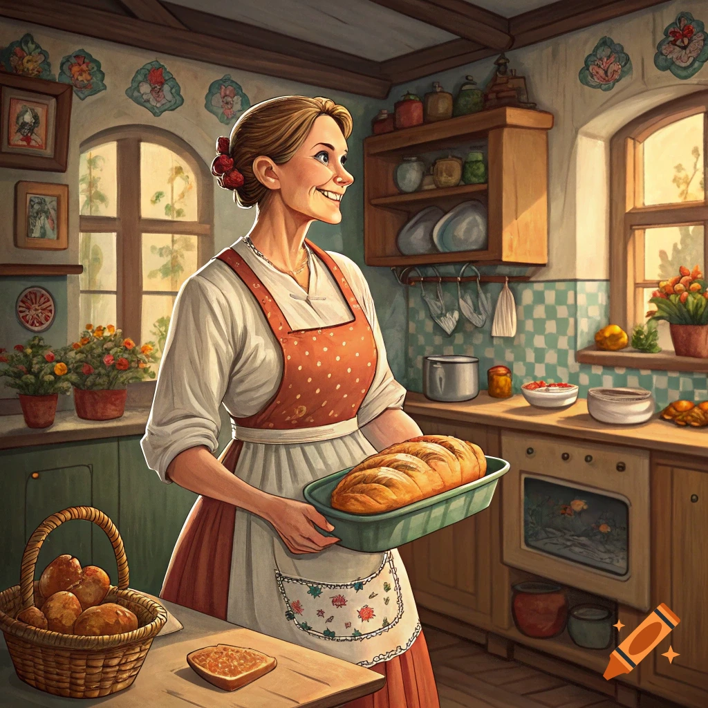 A smiling woman in an apron holds a fresh loaf of bread in a cozy kitchen.