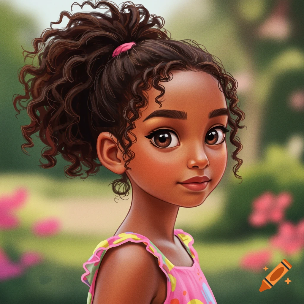 A young girl with curly brown hair in a ponytail.