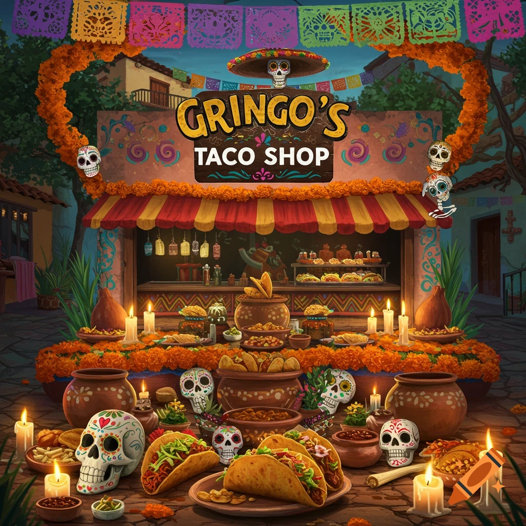 A taco shop decorated for Day of the Dead with sugar skulls, marigolds, tacos, and candles.