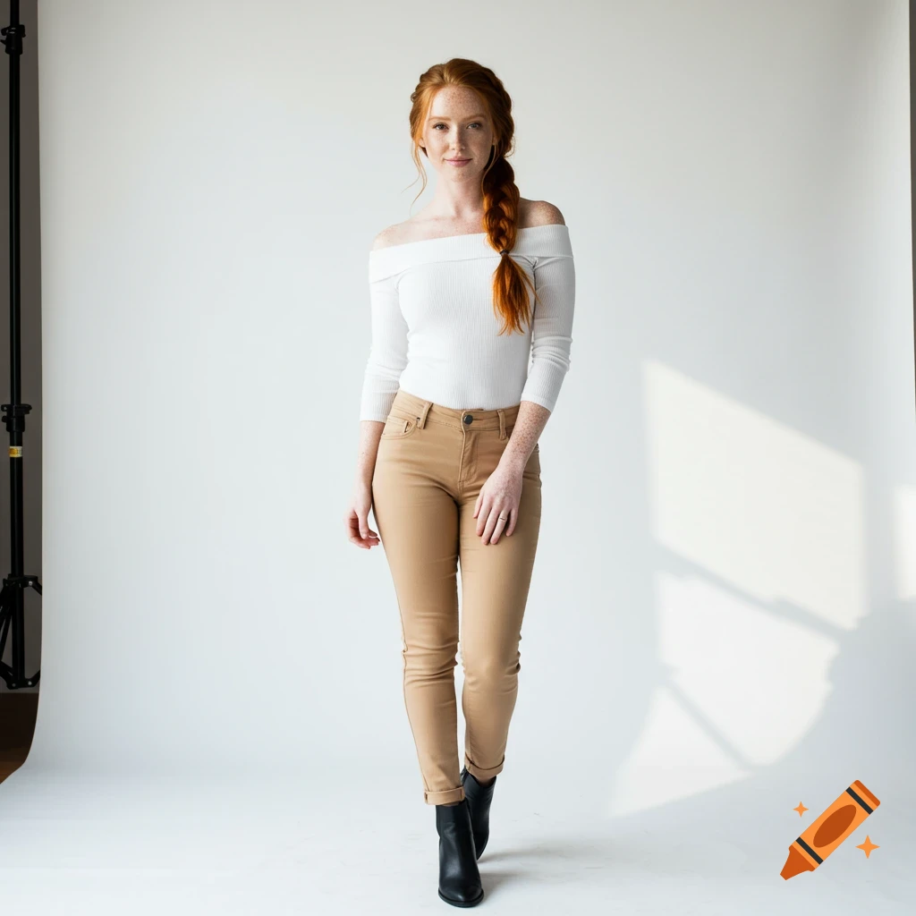 A woman with red hair in a white off-the-shoulder top and tan pants stands in a studio.