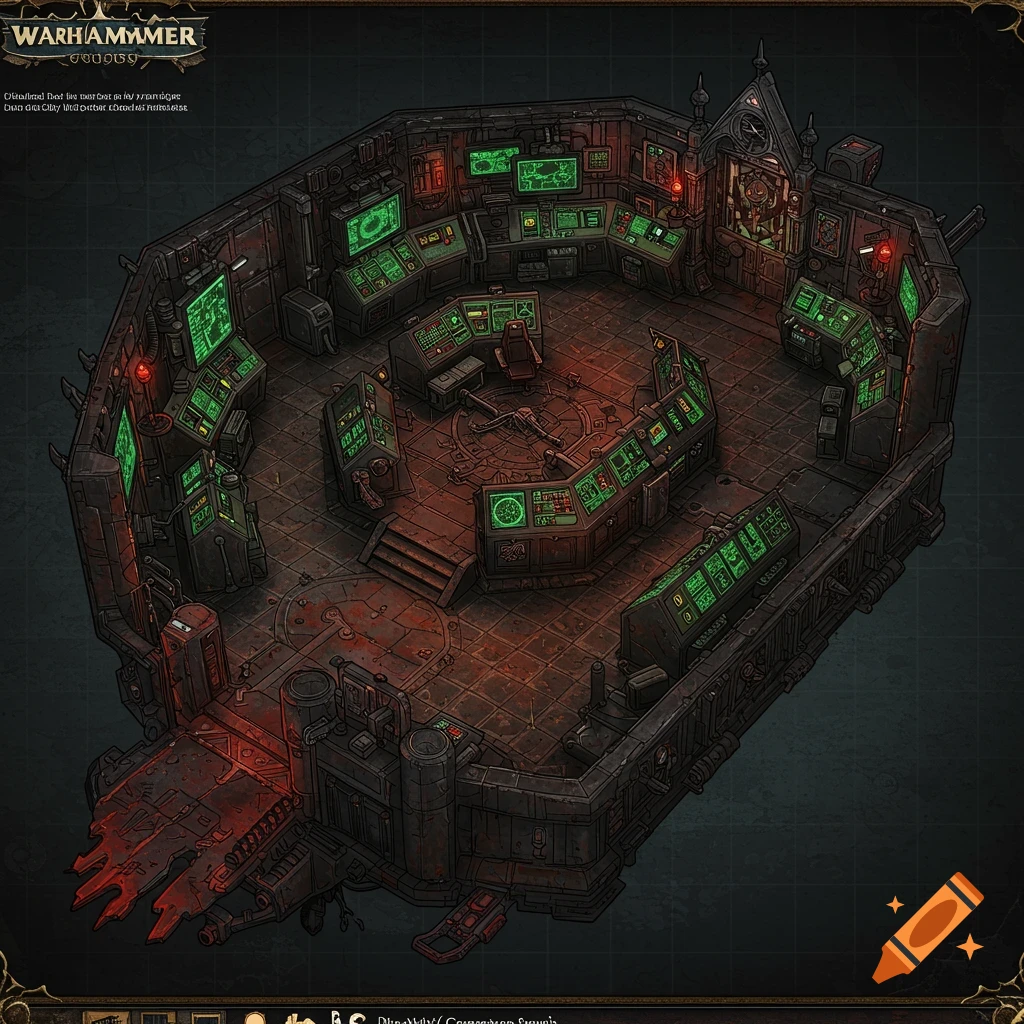 An isometric map of a futuristic, gothic-style Warhammer 40k Chaos ship bridge interior with many screens.