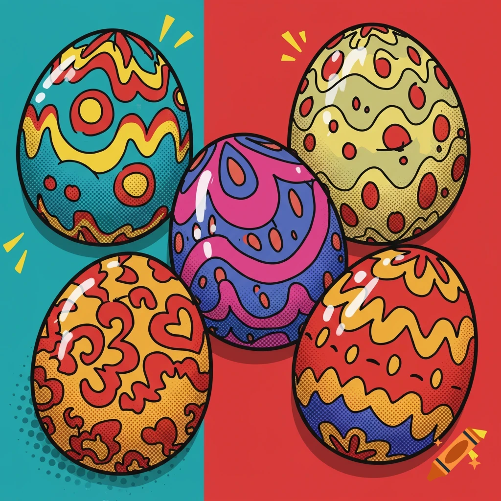 Five colorful pop art style Easter eggs on a split background