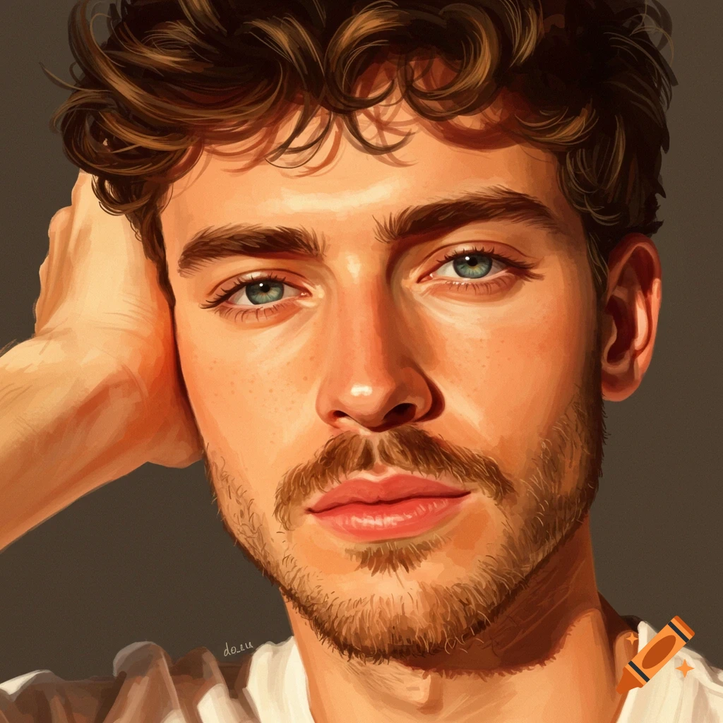 A man with curly hair and blue eyes is resting his head on his hand.