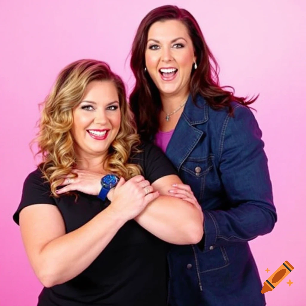 Two women smile and pose together against a pink background.