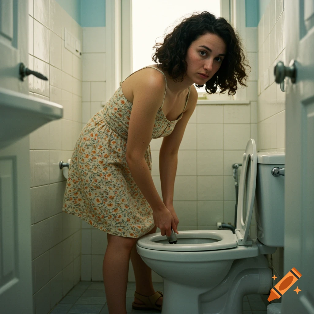 A woman in a floral dress plunges a toilet in a candid shot.