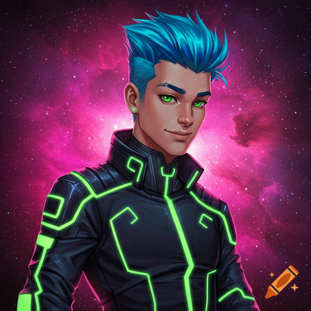 Portrait of a young man with blue hair and green eyes wearing a futuristic black jacket with neon green lines against a galaxy background.