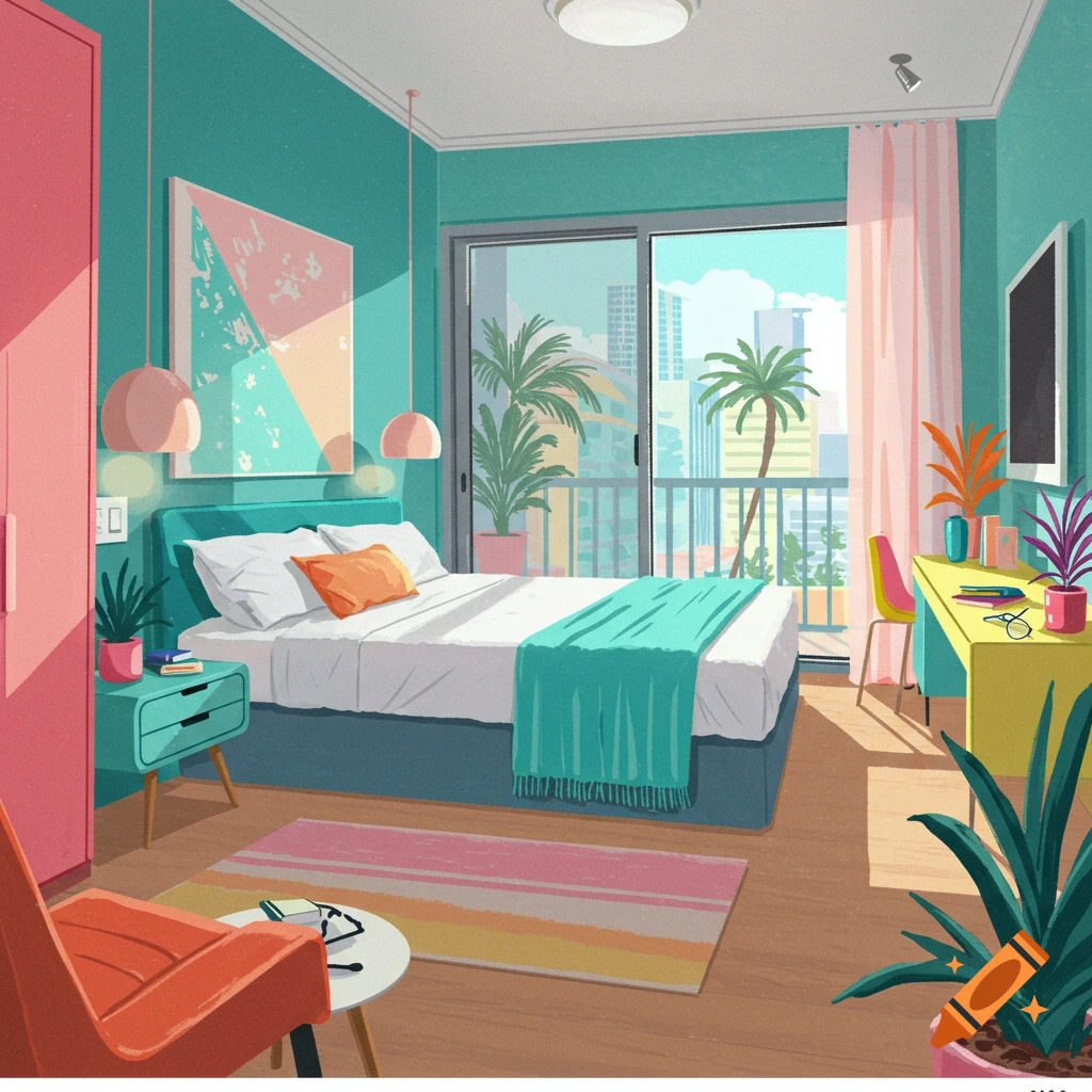 A vibrant bedroom with a bed, desk, plants, and city view balcony, in a colorful, graphic style.