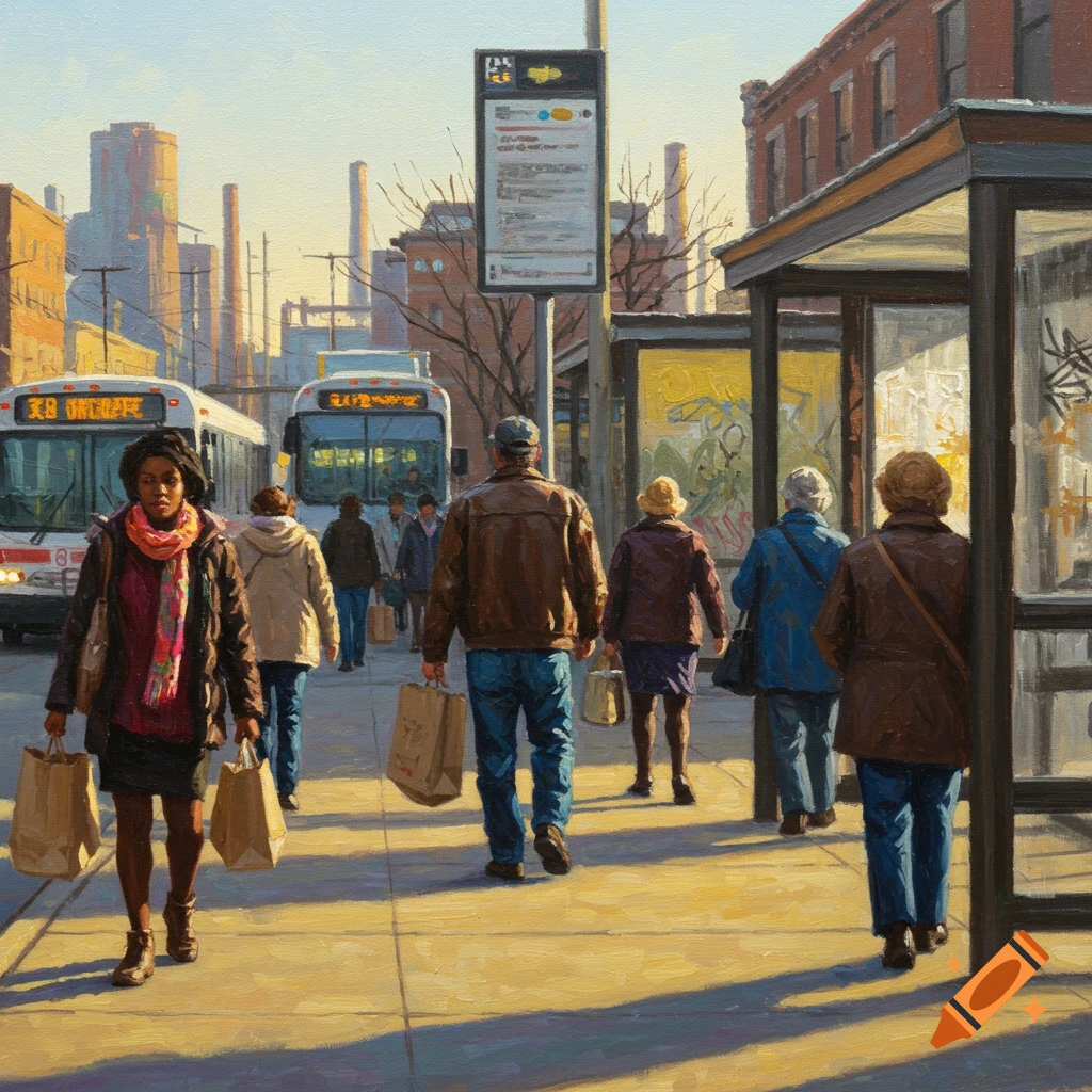 Impressionist painting of people walking at a city bus stop with buses and buildings in the background.