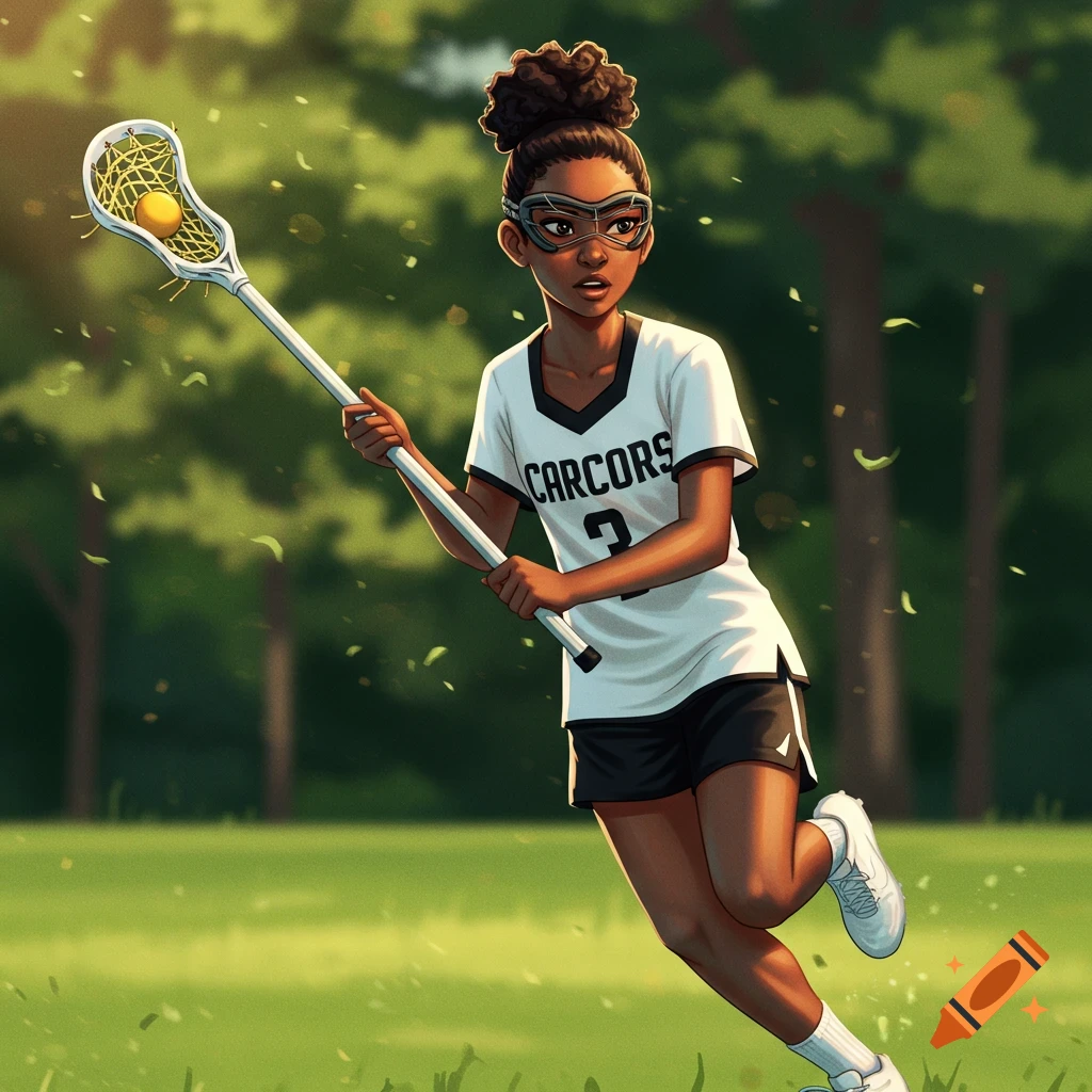 A Black girl in a white jersey and shorts is playing lacrosse in a park.