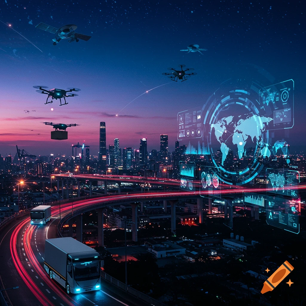 Futuristic city skyline at night with drones and trucks for logistics, overlaid with technological data displays.