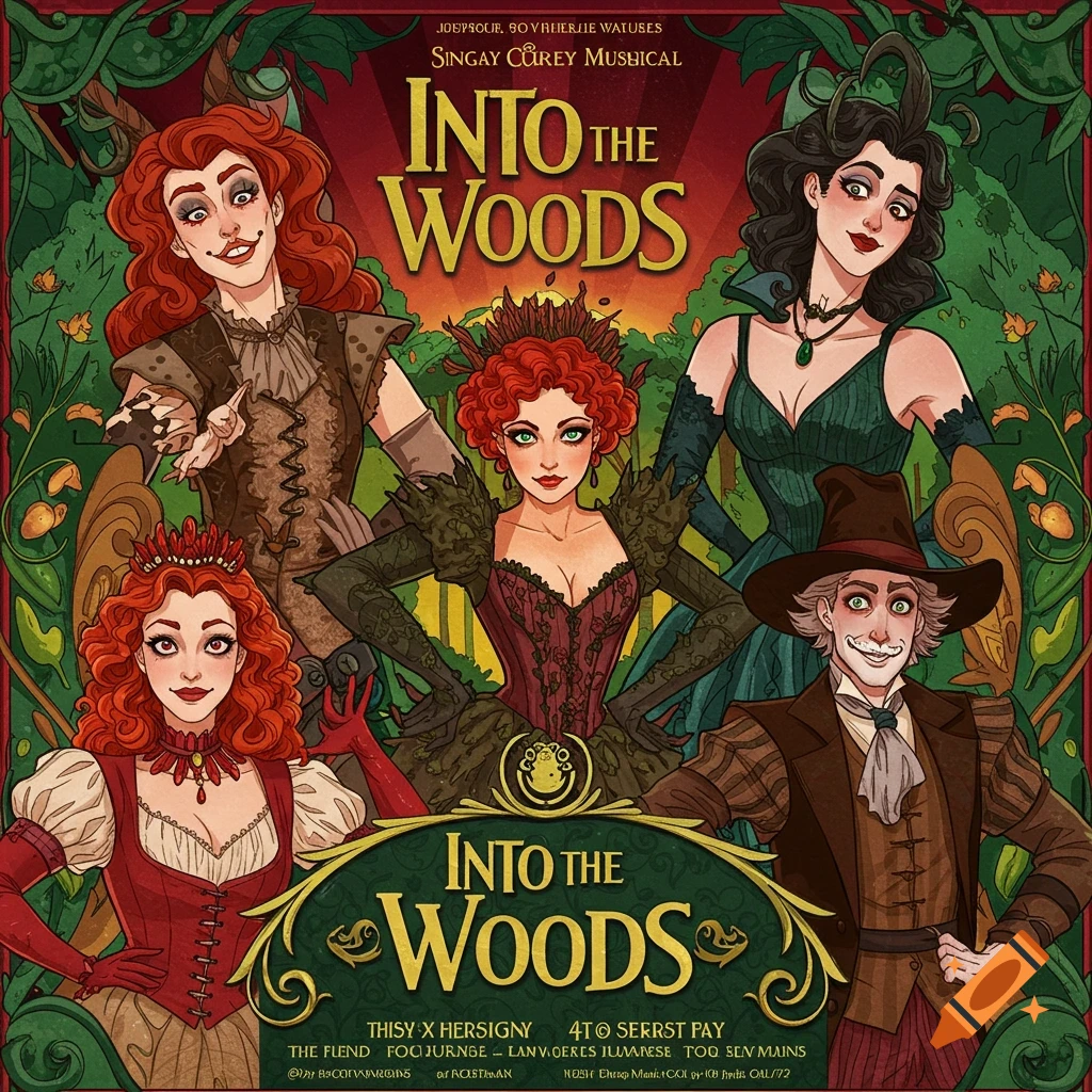 Poster for the Into the Woods musical featuring four characters.