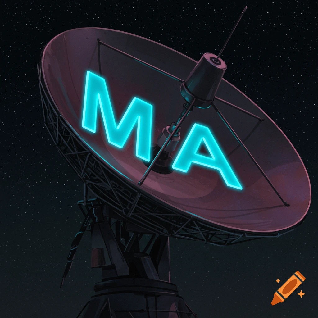 A satellite dish with glowing blue 'M' and 'A' against a starry sky.