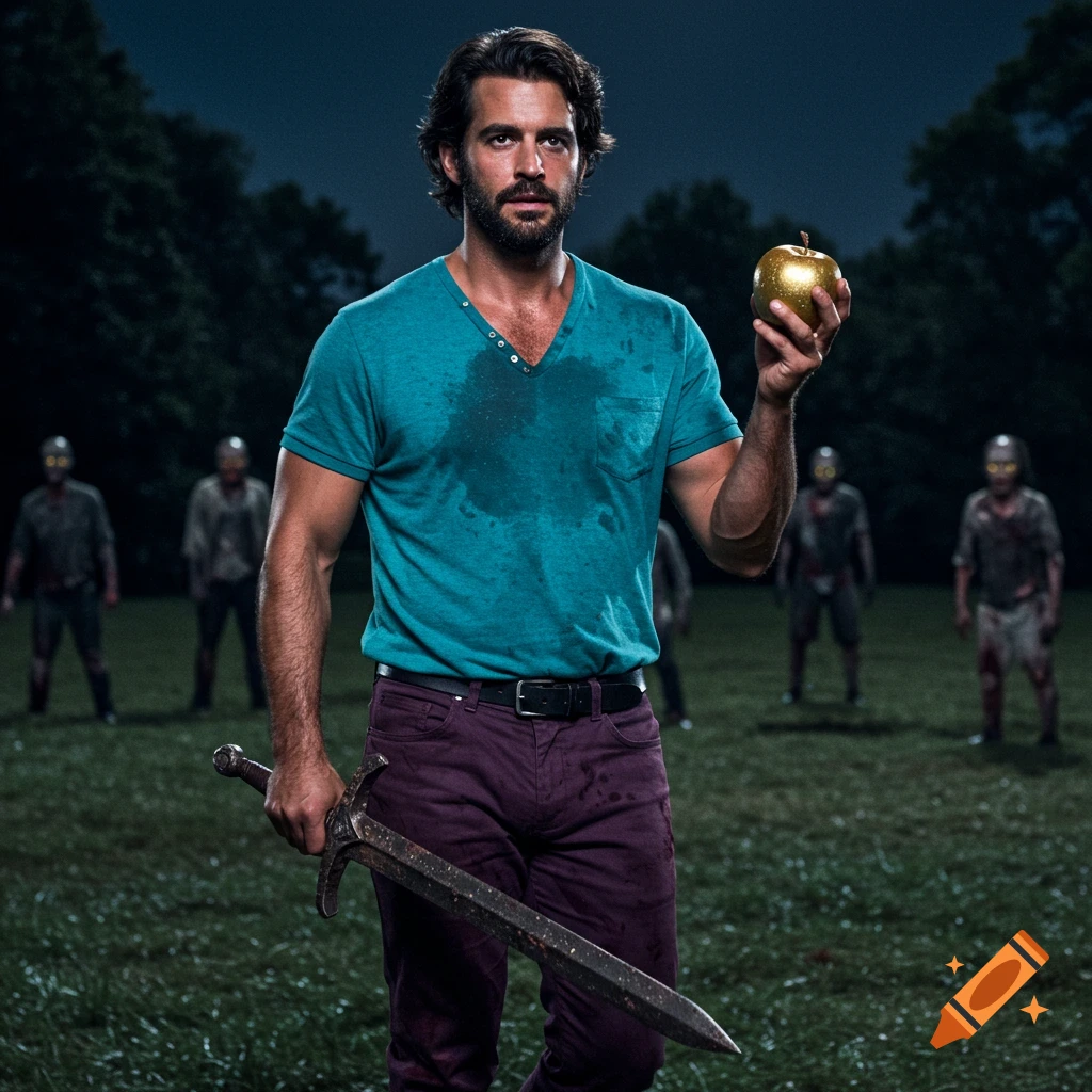 A muscular man with stubble holds a sword and a gold apple in a field with zombies at night.