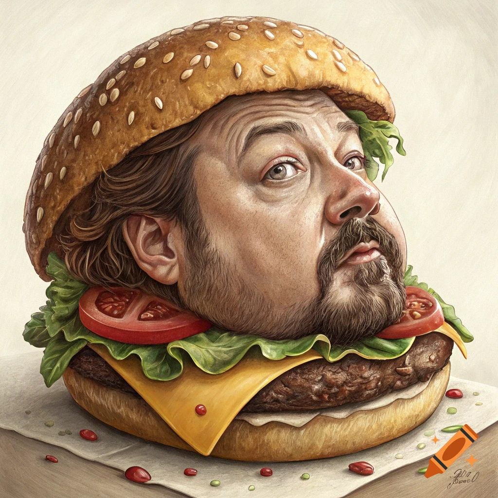 Illustration of a detailed man's head inside a hamburger.