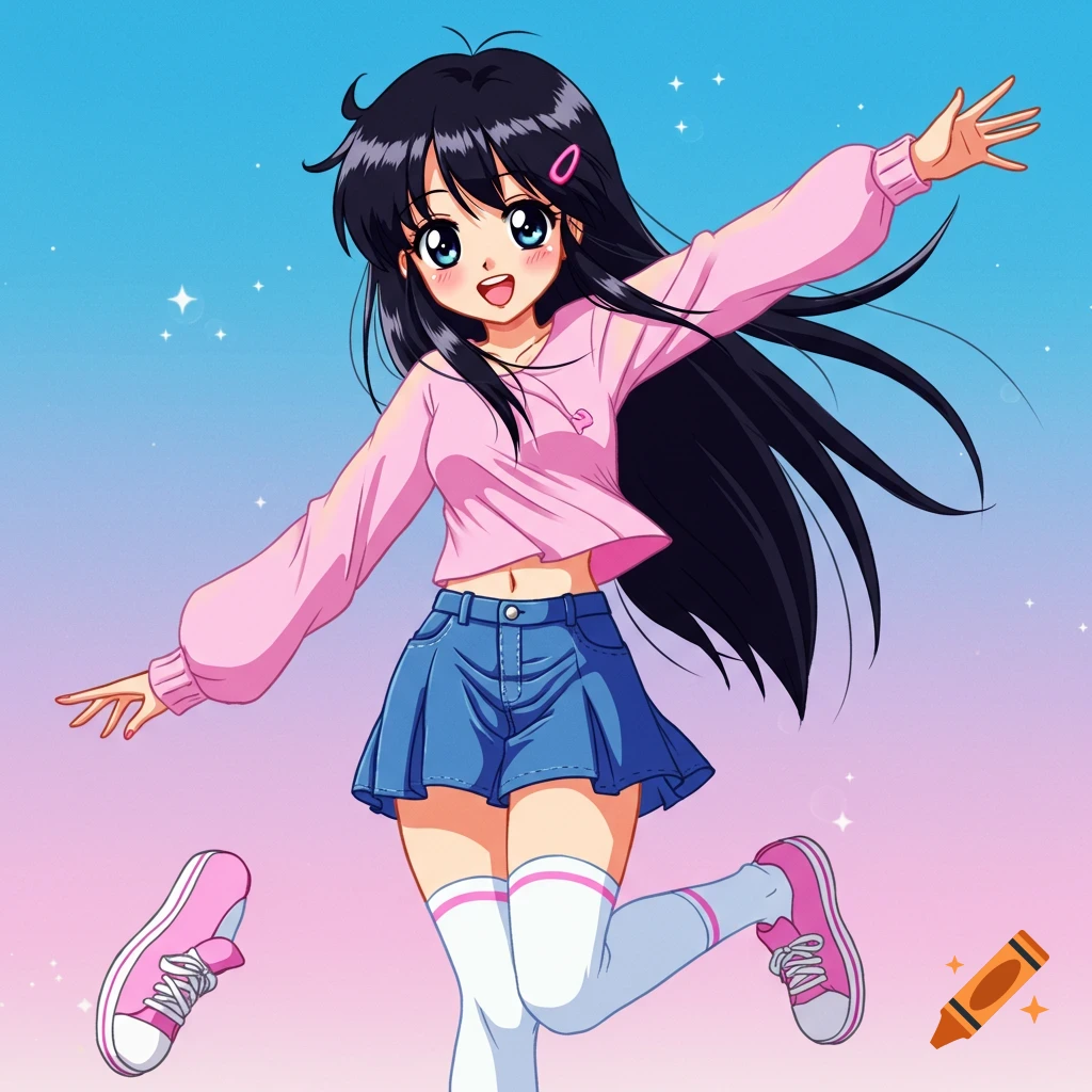 An anime girl jumps excitedly in a 2000s style, wearing a pink top and denim skirt against a gradient sky.
