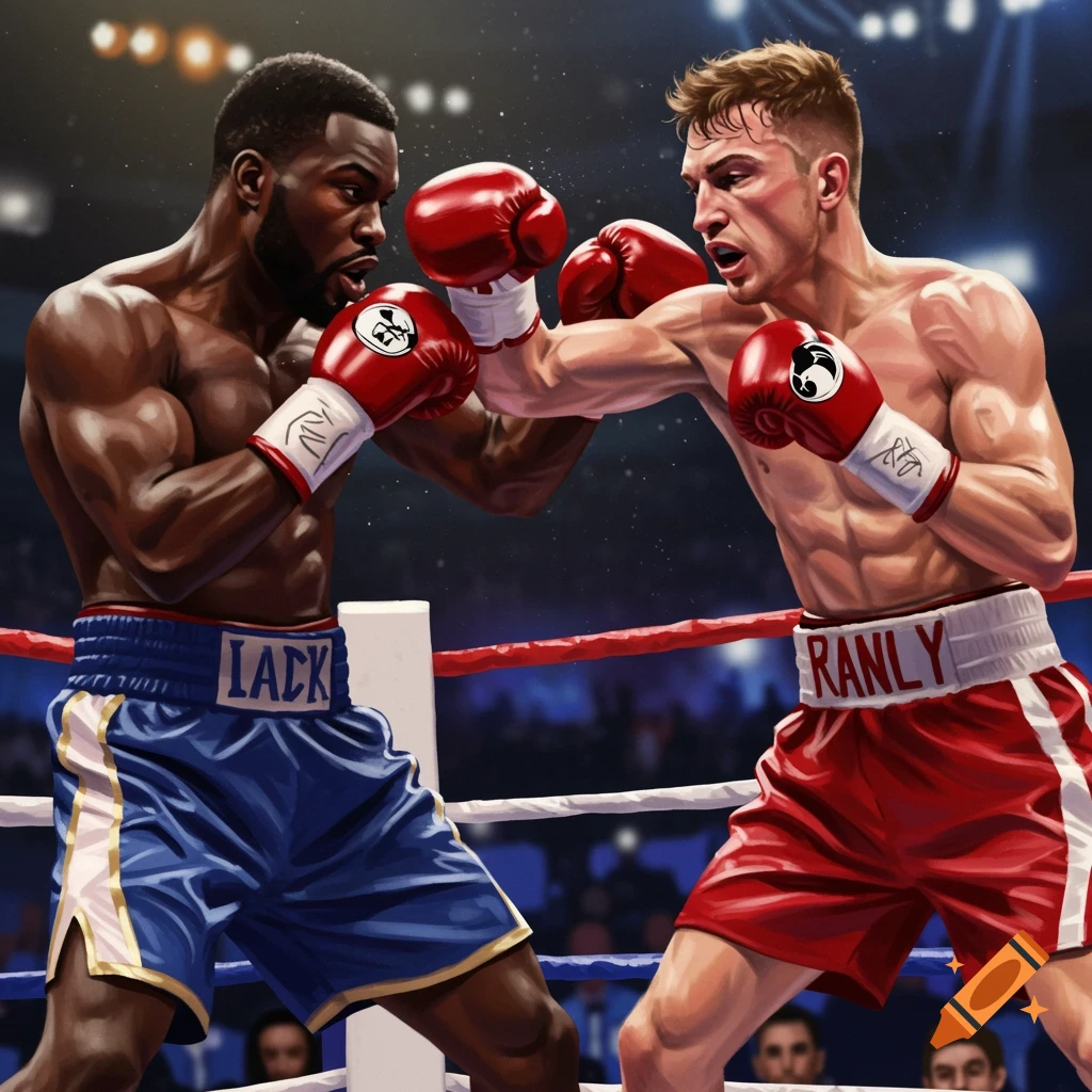 A dynamic image shows two boxers trading punches in a brightly lit ring.