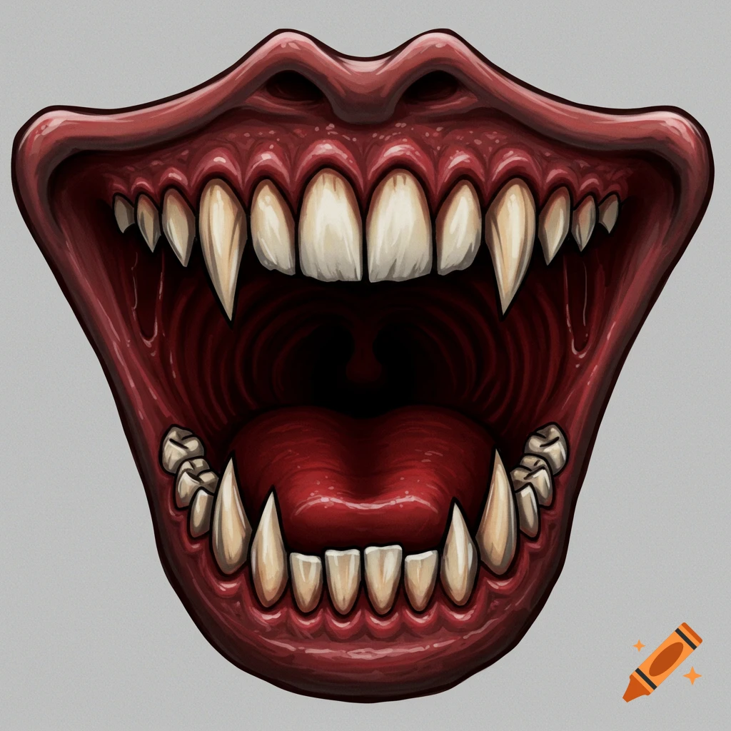 Close-up illustration of an open monster mouth with sharp teeth and fangs.