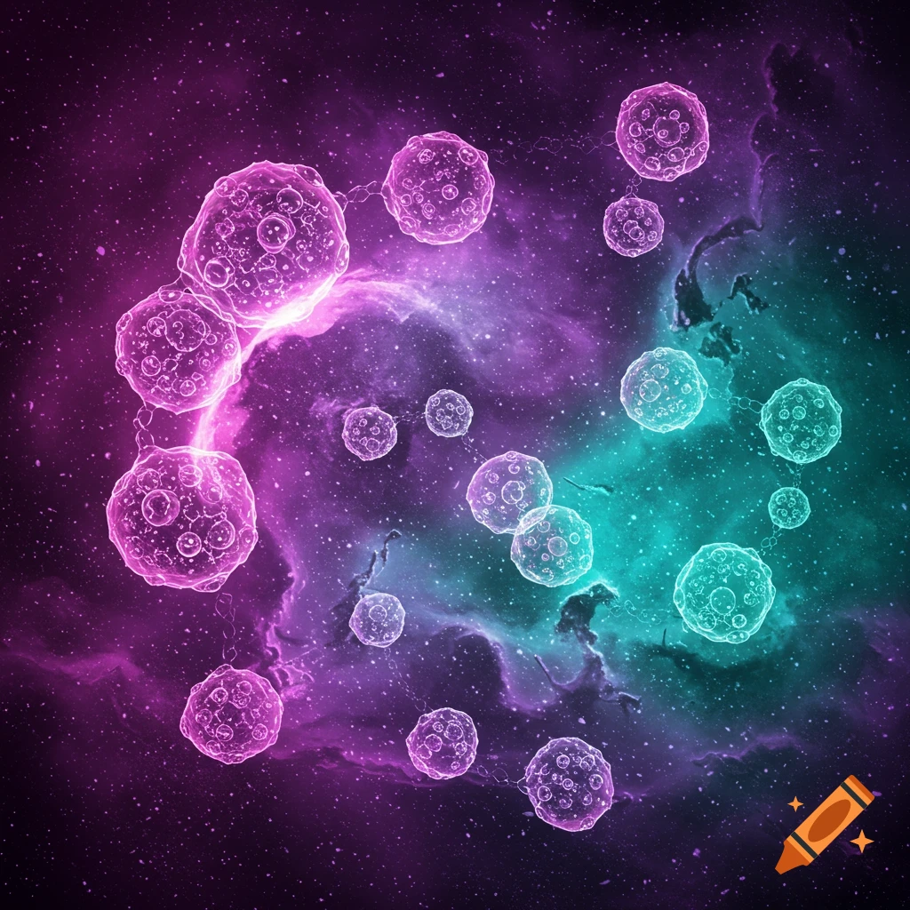Translucent nanites floating in a purple and teal nebula