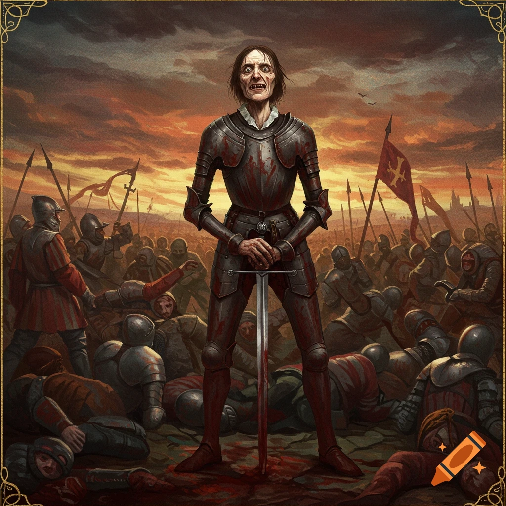 A figure in blood-spattered armor stands over bodies on a battlefield at sunset.