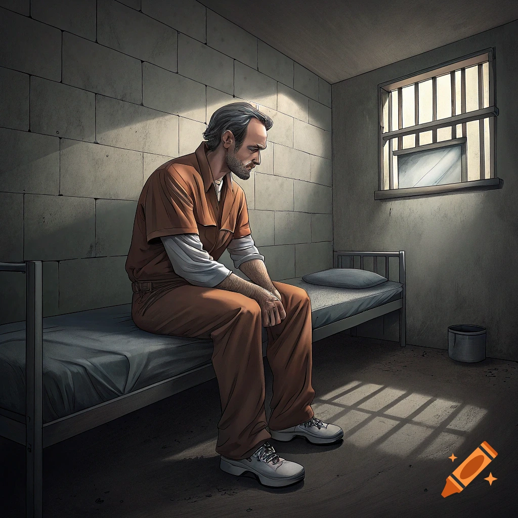 A sad man in an orange jumpsuit sits on a bed in a prison cell.