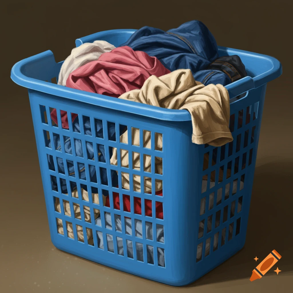 A blue plastic laundry basket filled with colorful dirty clothes.