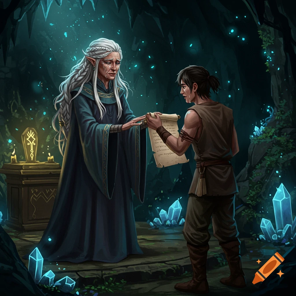 Two figures, an older woman and a young man, exchange a scroll in a mystical glowing cave.