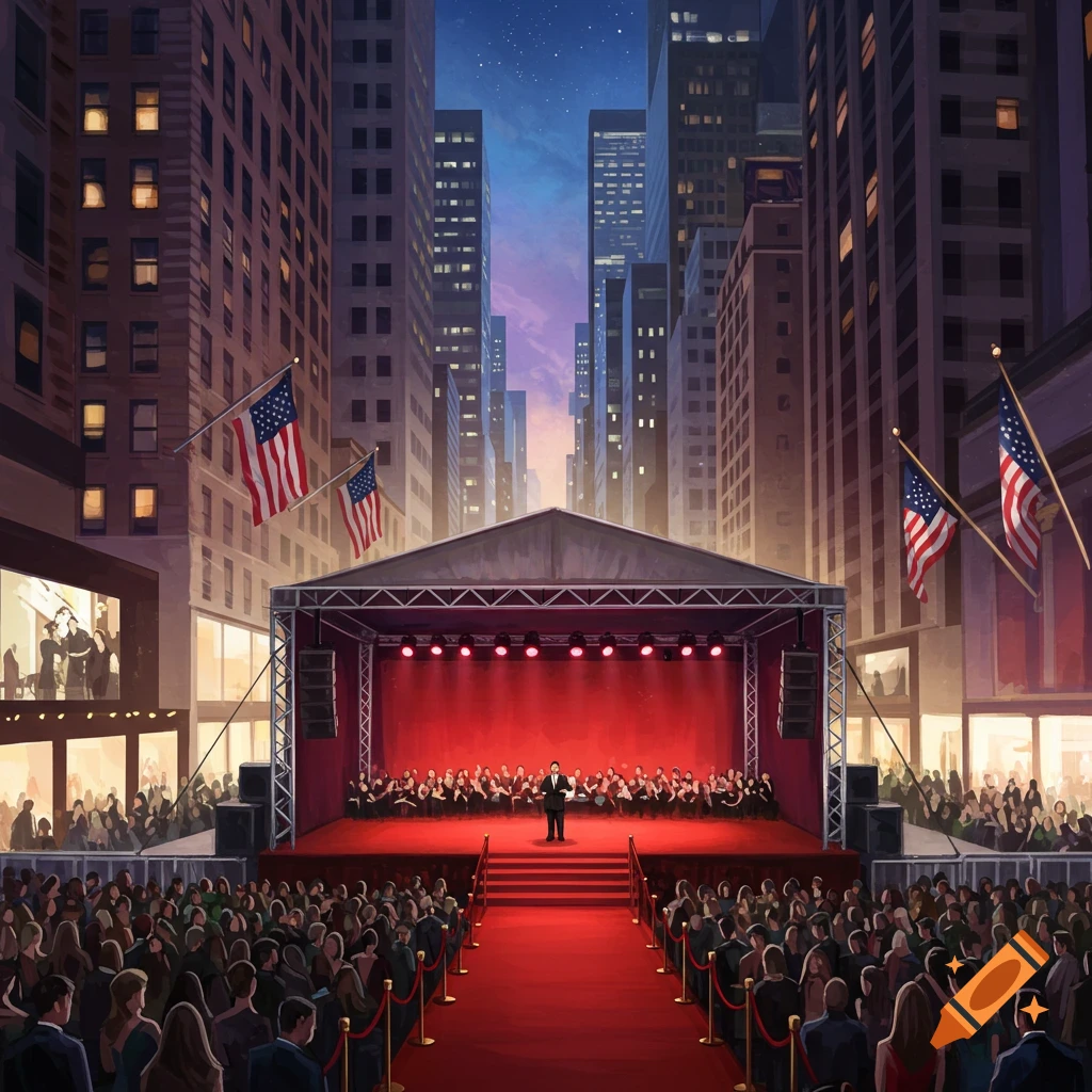 A red carpet and stage are set up on a city street with a crowd and tall buildings.