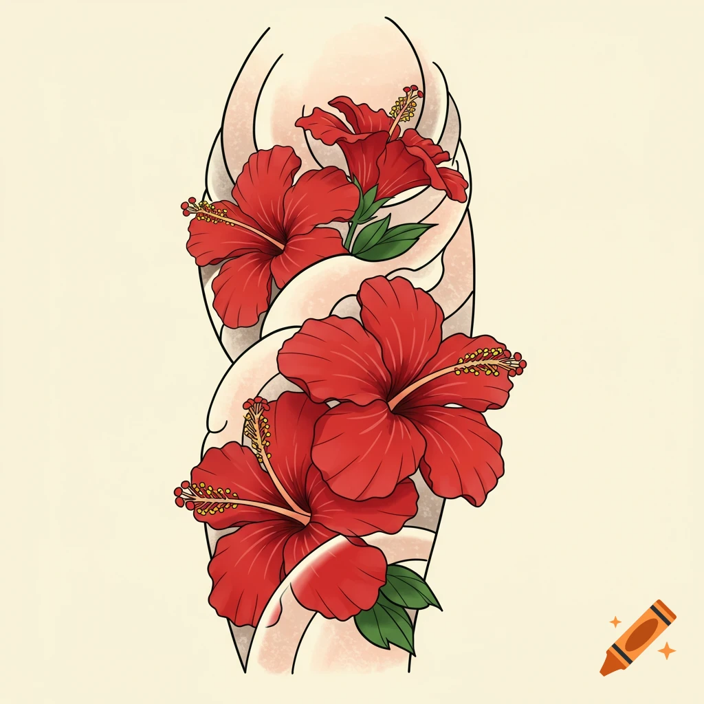 Red hibiscus flowers in a tattoo style.