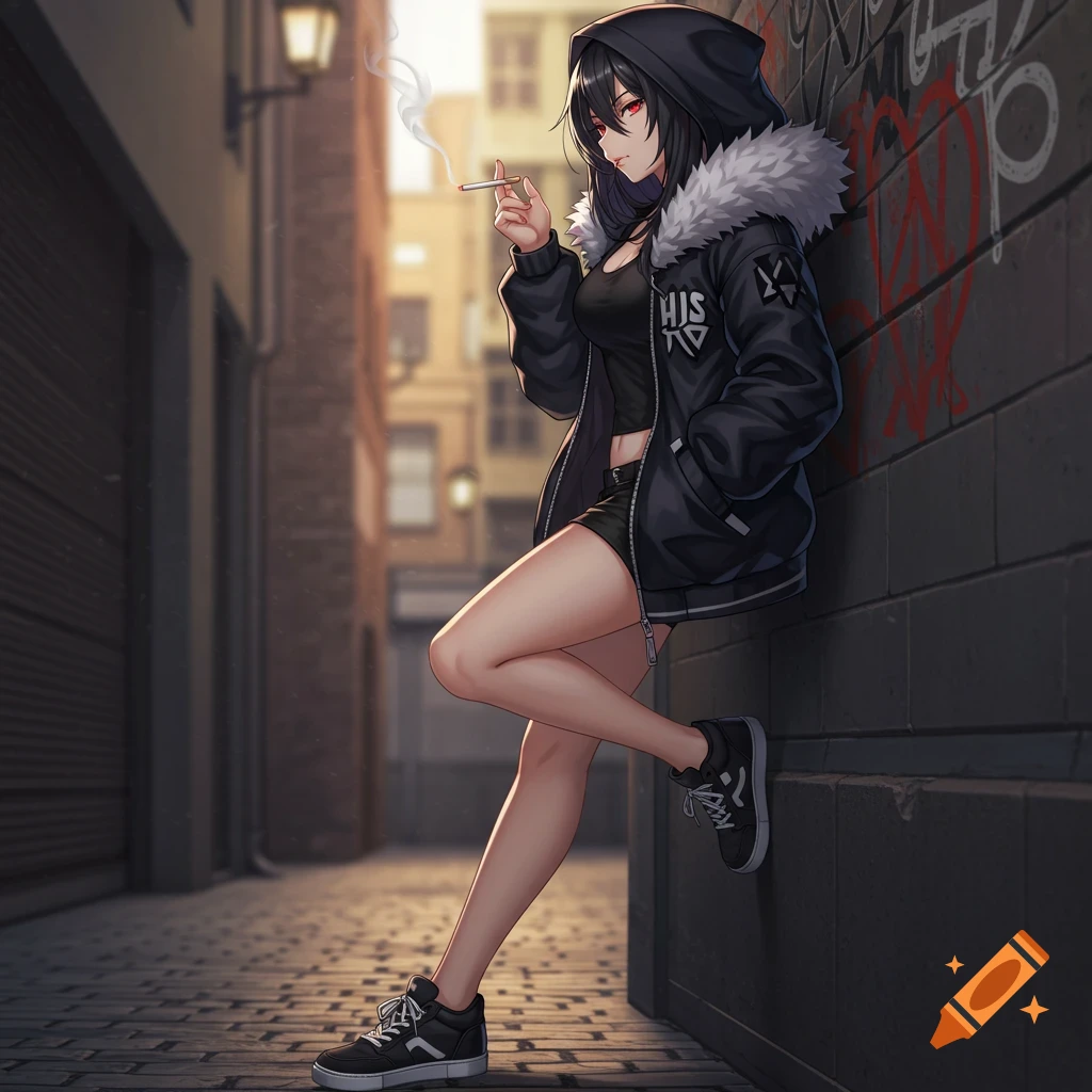 An anime woman with black hair and red eyes leans against a graffiti wall in an alley, smoking a cigarette.